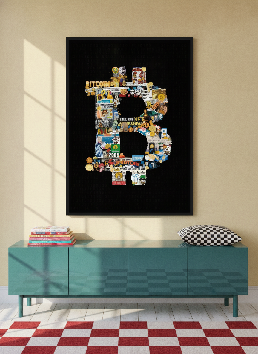 Canvas wall art with a black surround styled on the wall in a colourful eclectic living room