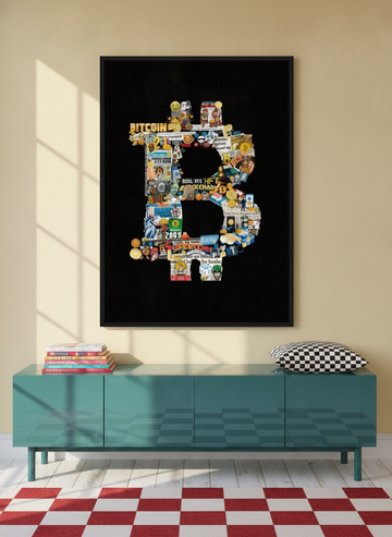 Canvas wall art with a black surround styled on the wall in a colourful eclectic living room