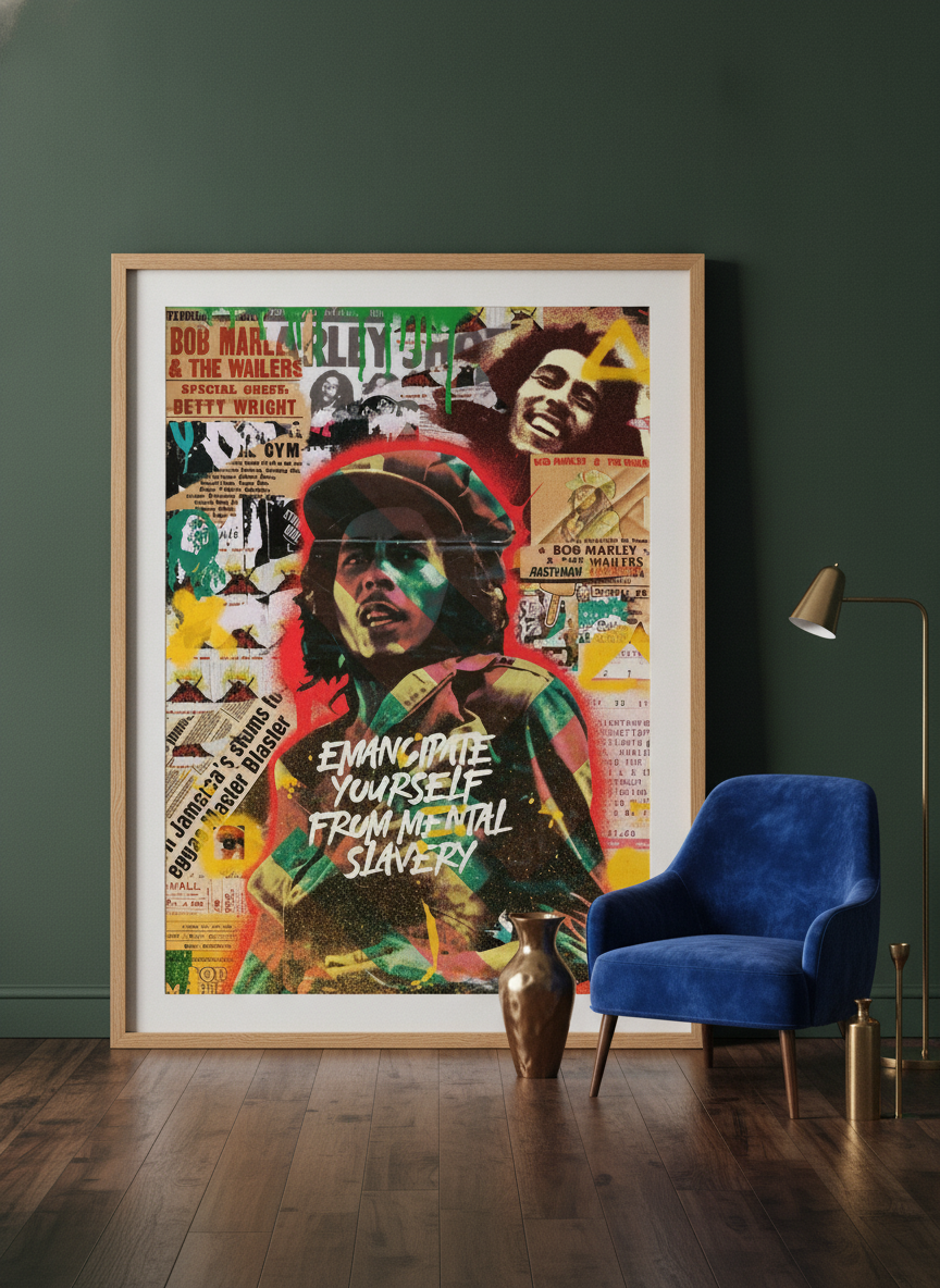Oversized statement modern wall art print leaning against the wall in a moody living room