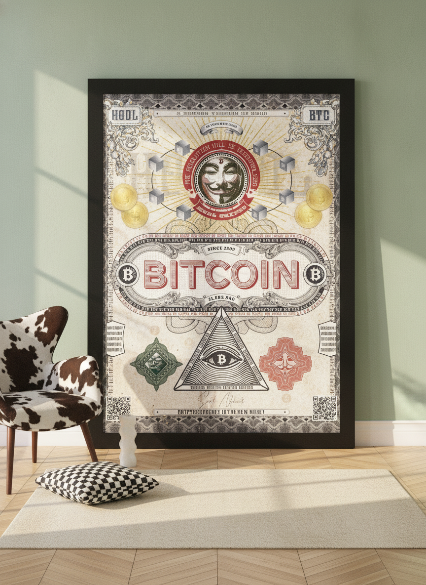 Oversized statement modern wall art print leaning against the wall in a colourful eclectic living room