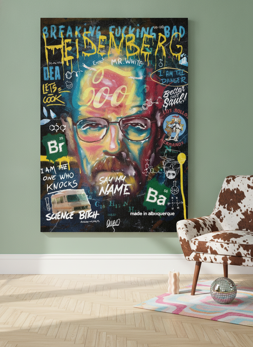Stretched canvas wall art leaning against the wall in a colourful eclectic bedroom