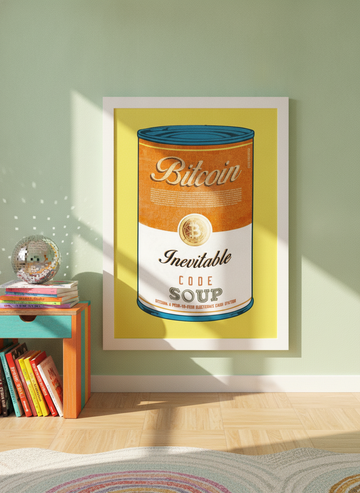 Modern wall art print standing on a side table in a colourful eclectic bedroom