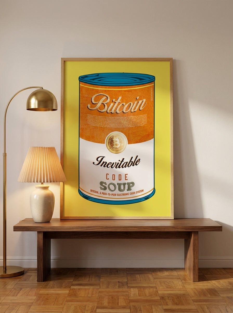 Modern wall art print standing on a kitchen bench in a mid-century kitchen
