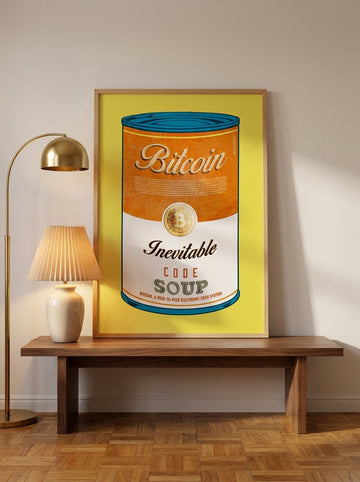 Modern wall art print standing on a kitchen bench in a mid-century kitchen