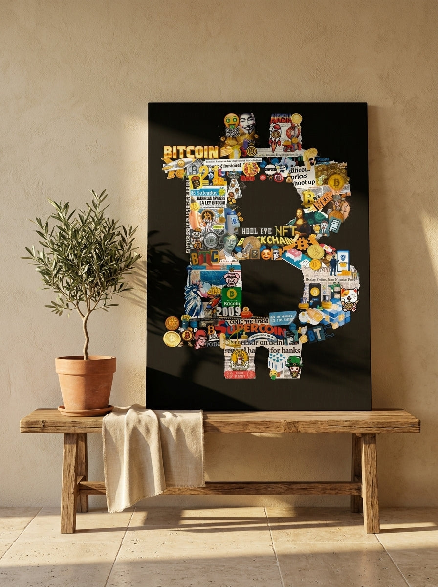 Stretched canvas wall art standing on a bench in a Mediterranean home office
