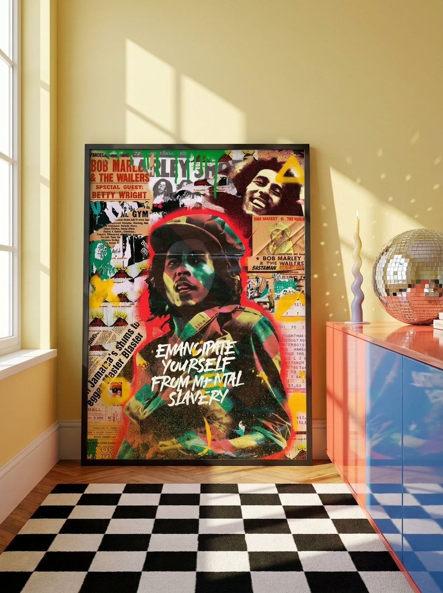 Modern wall art print standing on a sideboard in a colourful eclectic dining room