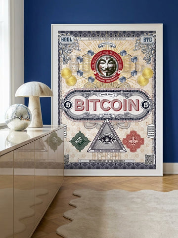 Modern wall art print standing on a sideboard in a colourful eclectic bedroom