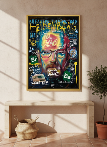 Canvas wall art with a gold leaf surround styled on the wall in a Mediterranean living room