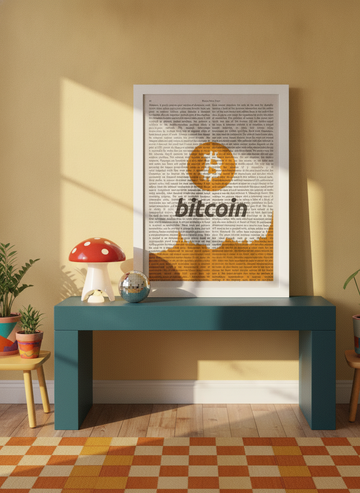 Modern wall art print standing on a side table in a colourful eclectic dining room