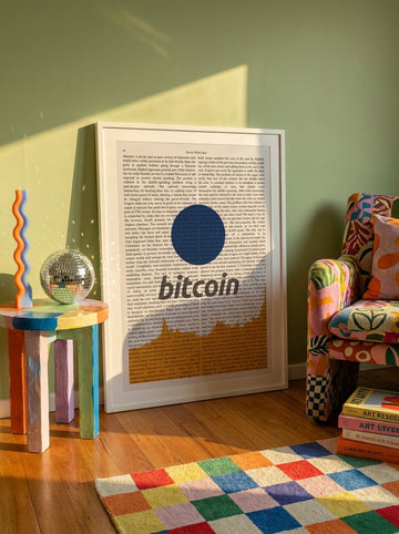 Modern wall art print standing on a side table in a colourful eclectic living room