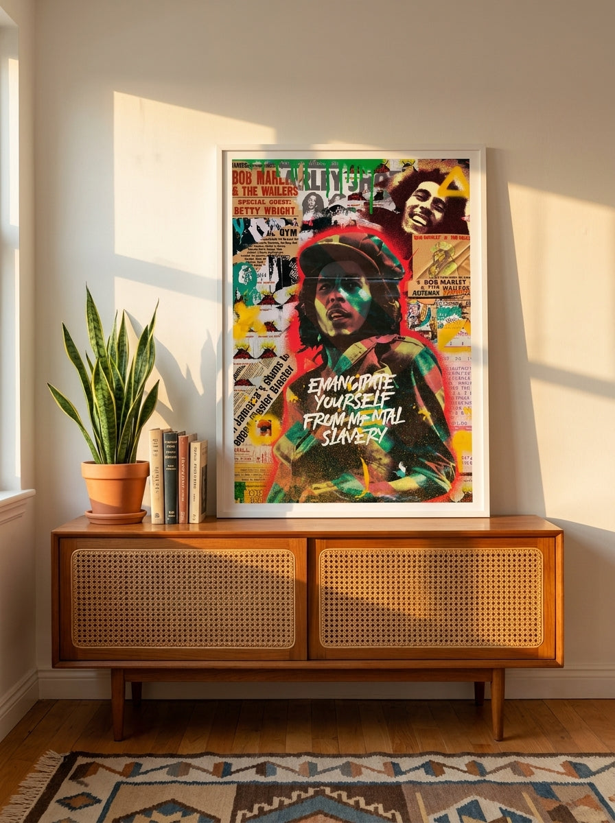 Modern wall art print standing on a sideboard in a mid-century home office