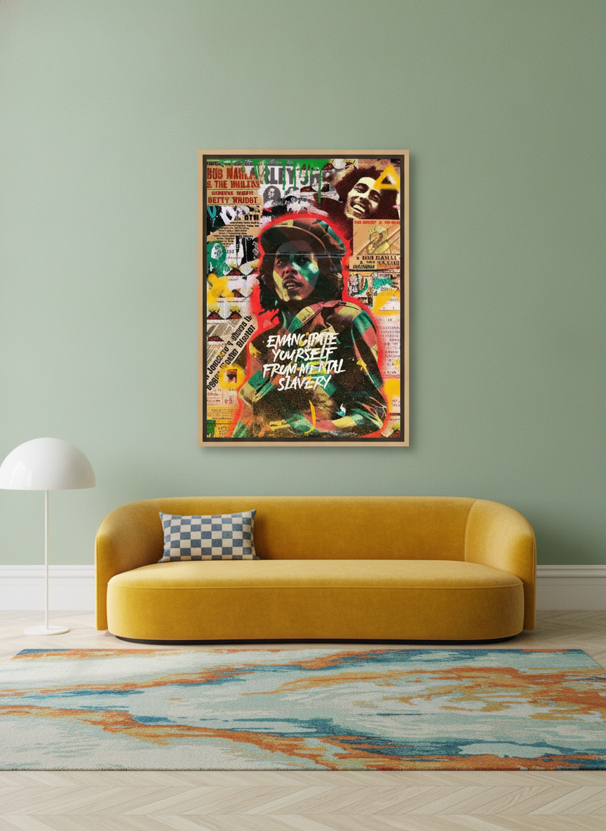 Oversized statement canvas wall art with a natural timber surround styled on the wall in a colourful eclectic living room
