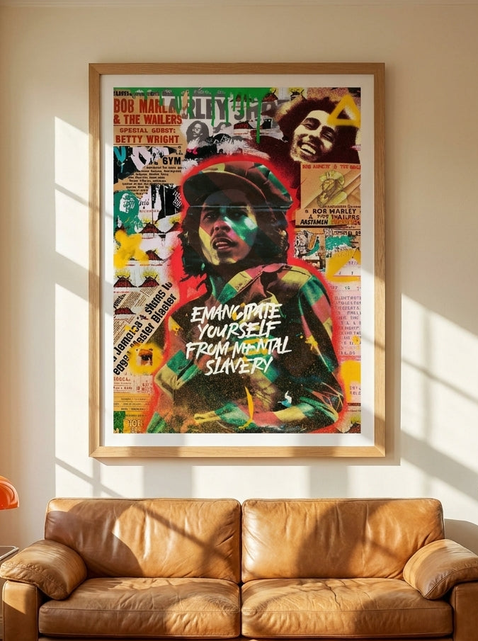 Modern wall art print styled on the wall in a retro 70s living room