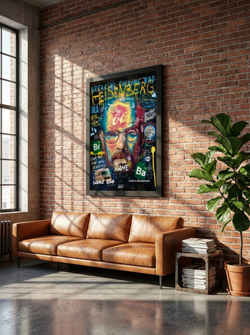 Oversized statement modern wall art print styled on the wall in an industrial loft living room