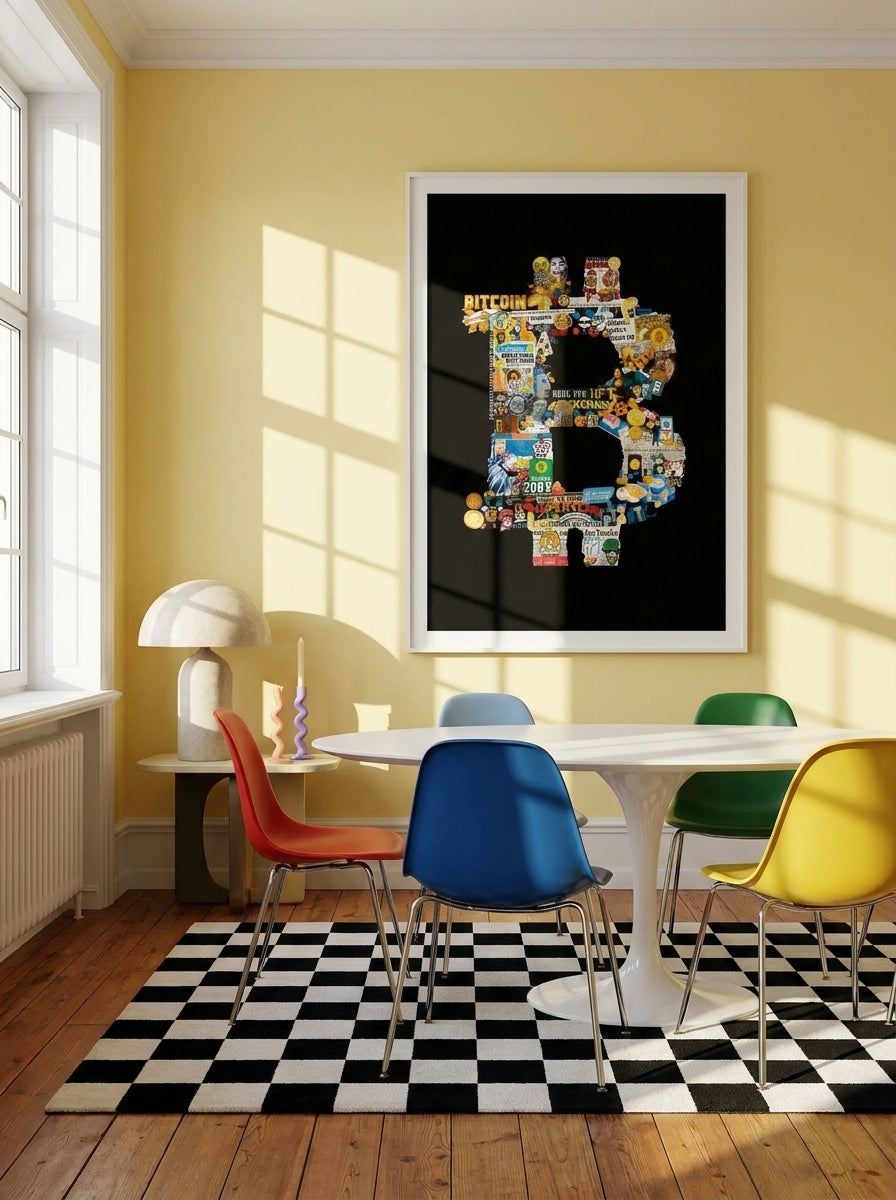 Modern wall art print styled on the wall in a colourful eclectic dining room