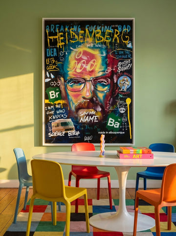 Oversized statement canvas wall art with a white surround styled on the wall in a colourful eclectic dining room