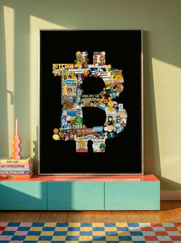 Canvas wall art with a silver leaf surround standing on a sideboard in a colourful eclectic bedroom