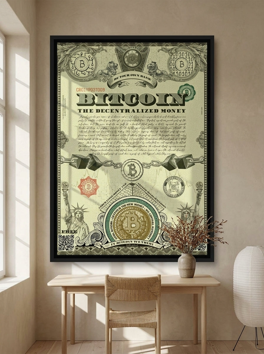 Canvas wall art with a black surround styled on the wall in a warm Japandi home office