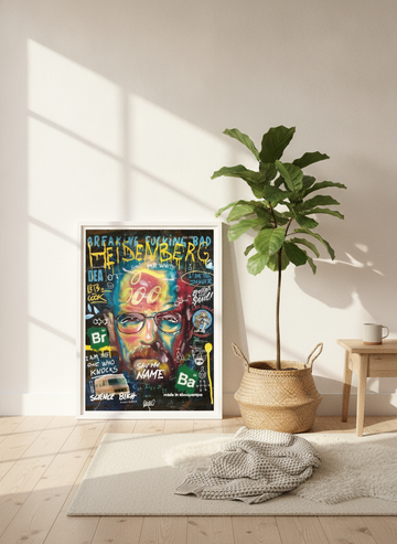 Modern wall art print leaning against the wall in a bright Scandinavian home office