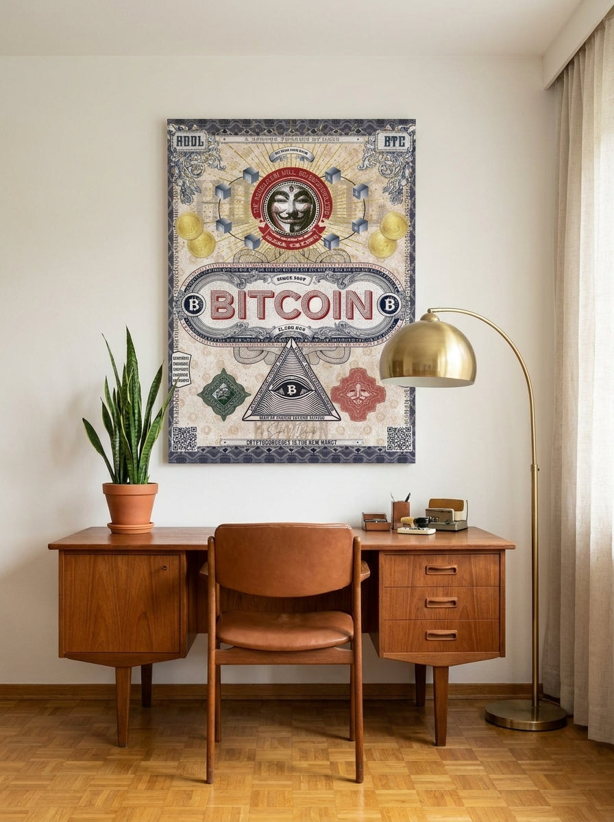 Stretched canvas wall art styled on the wall in a mid-century home office