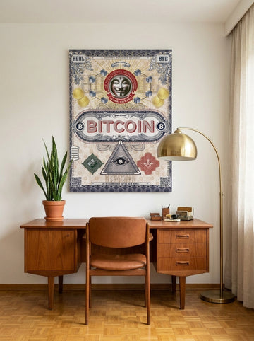 Stretched canvas wall art styled on the wall in a mid-century home office