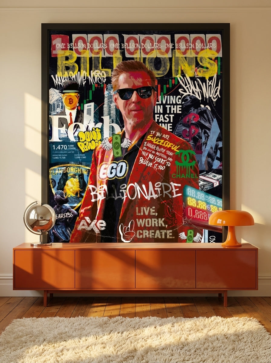 Oversized statement modern wall art print styled on the wall in a retro 70s living room