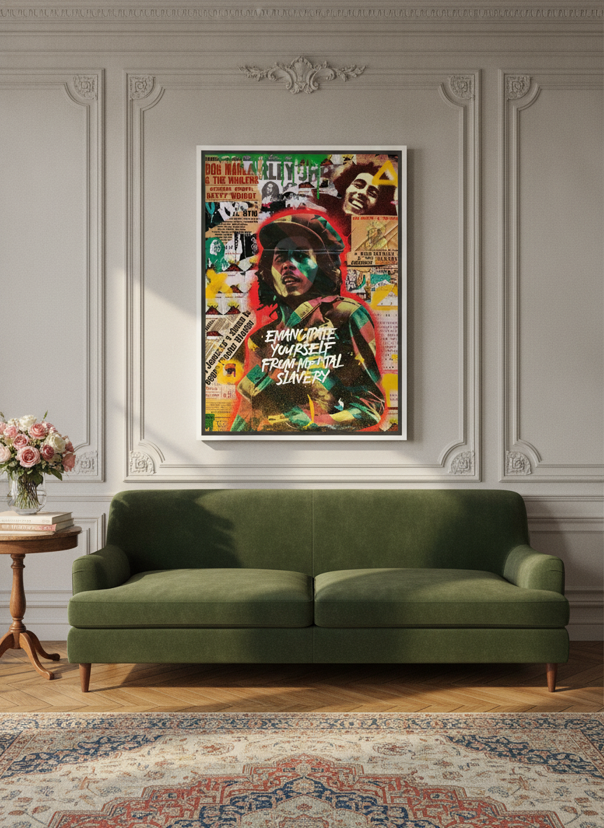 Oversized statement canvas wall art with a white surround styled on the wall in a Parisian living room