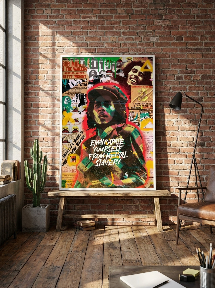 Modern wall art print standing on a bench in an industrial loft home office