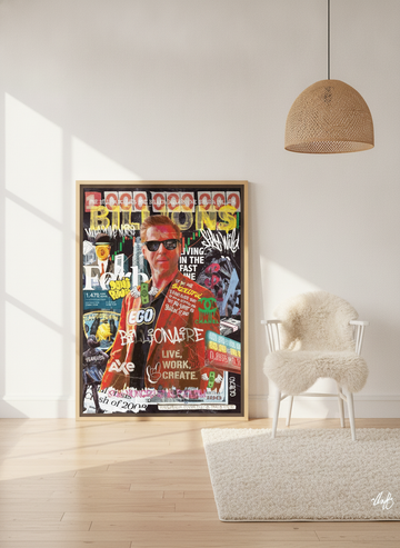 Oversized statement canvas wall art with a natural timber surround leaning against the wall in a bright Scandinavian living room