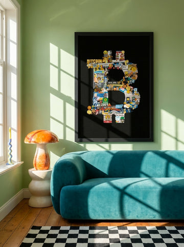 Oversized statement modern wall art print styled on the wall in a colourful eclectic living room