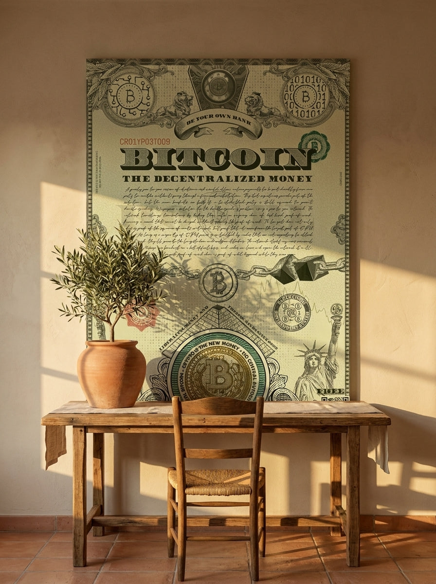 Stretched canvas wall art styled on the wall in a Mediterranean home office