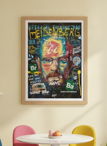 Modern wall art print styled on the wall in a colourful eclectic dining room