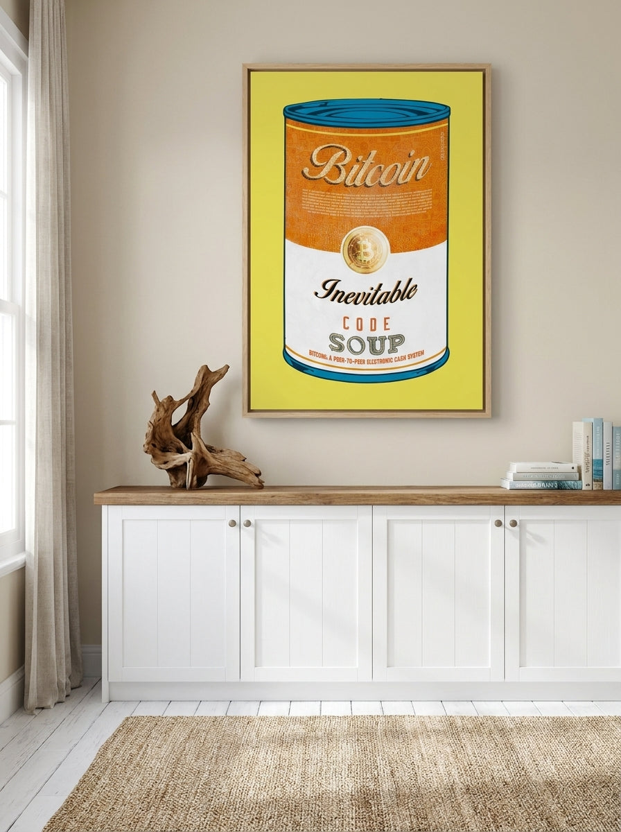 Oversized statement canvas wall art with a natural timber surround styled on the wall in a coastal kitchen