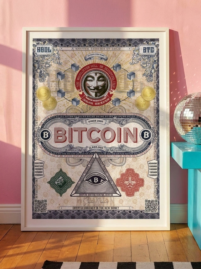 Modern wall art print standing on a side table in a colourful eclectic living room