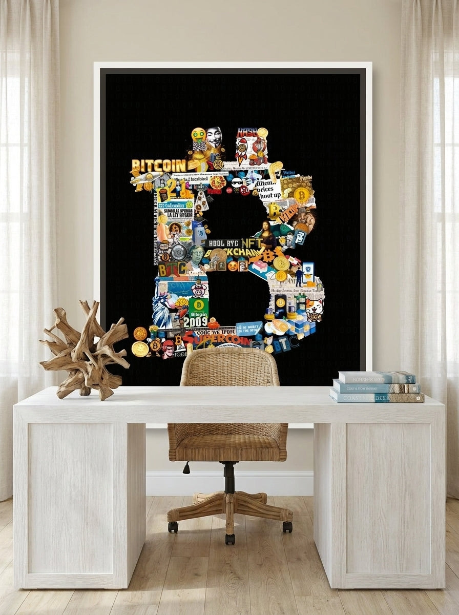 Canvas wall art with a white surround styled on the wall in a coastal home office