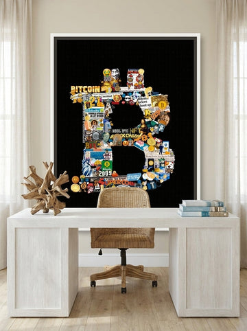 Canvas wall art with a white surround styled on the wall in a coastal home office