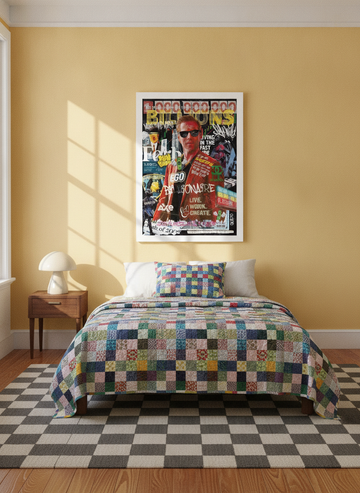 Modern wall art print styled on the wall in a colourful eclectic bedroom