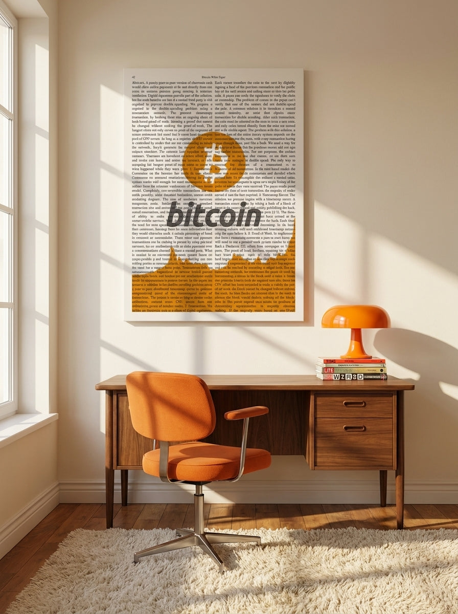 Stretched canvas wall art styled on the wall in a retro 70s home office