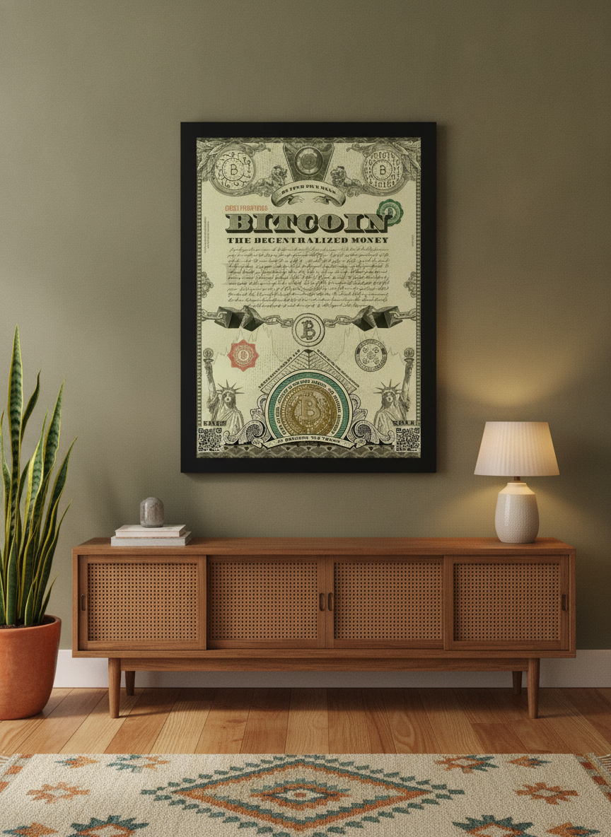 Oversized statement modern wall art print styled on the wall in a mid-century living room