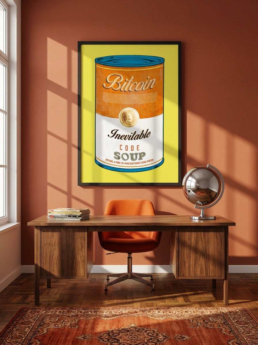 Modern wall art print styled on the wall in a retro 70s home office