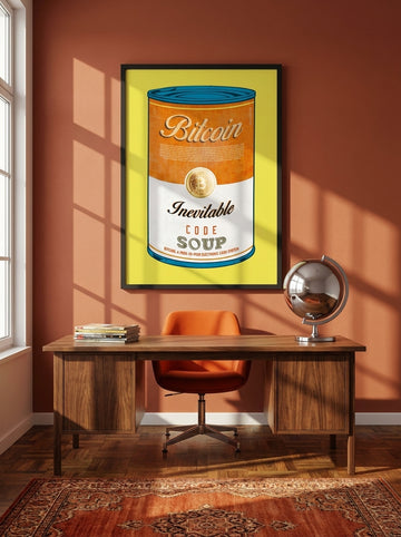 Modern wall art print styled on the wall in a retro 70s home office