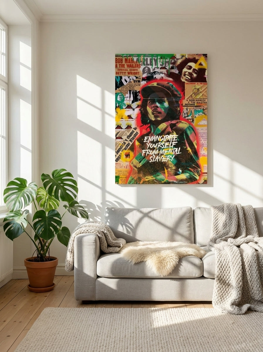 Stretched canvas wall art styled on the wall in a bright Scandinavian living room