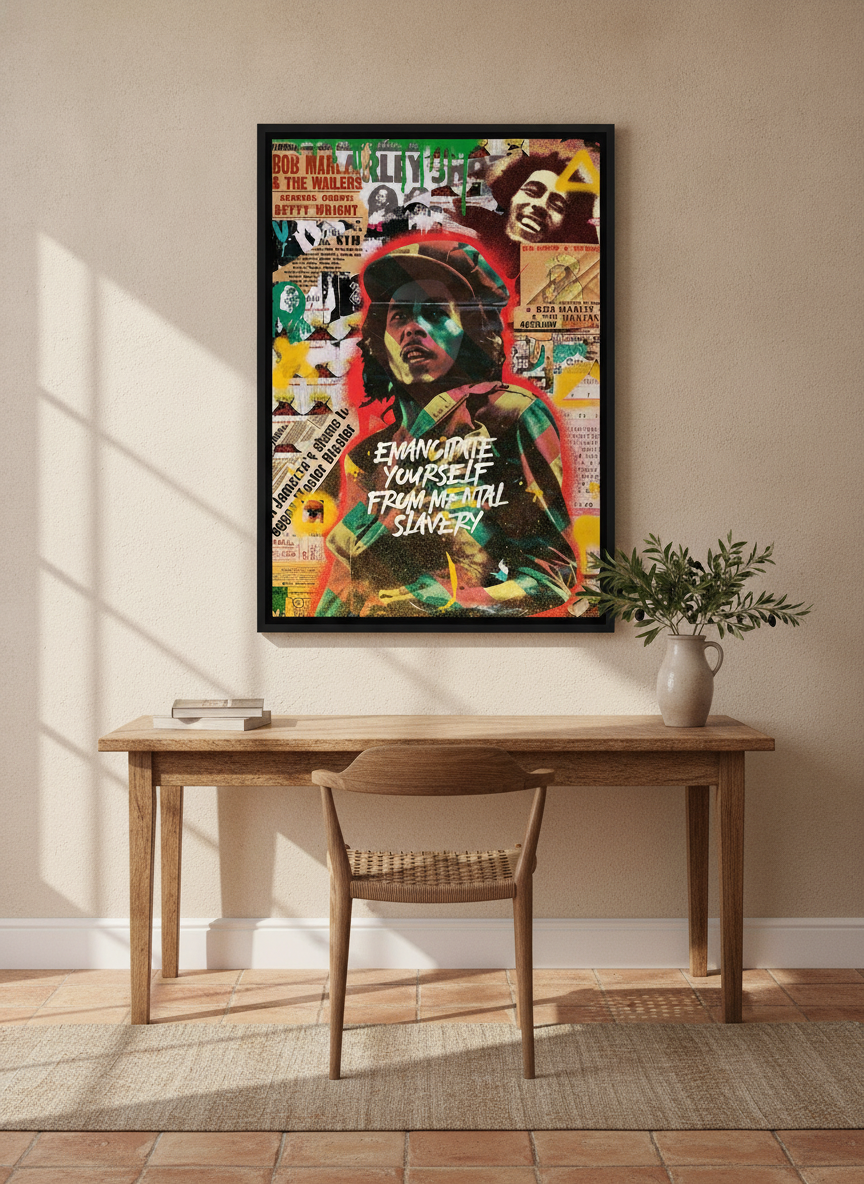 Canvas wall art with a black surround styled on the wall in a Mediterranean home office