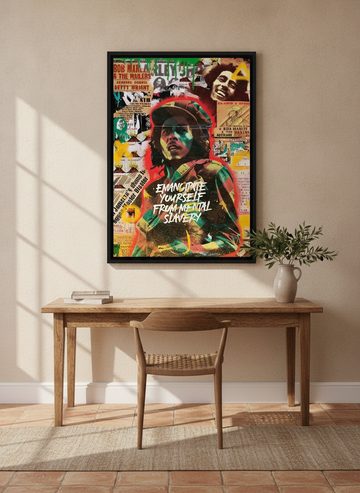 Canvas wall art with a black surround styled on the wall in a Mediterranean home office