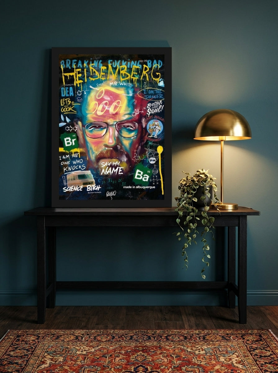 Modern wall art print standing on a console in a moody living room
