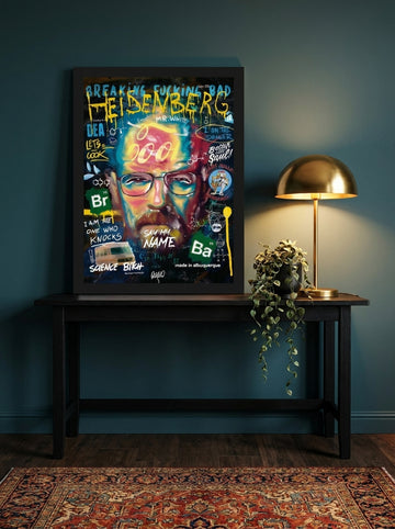 Modern wall art print standing on a console in a moody living room