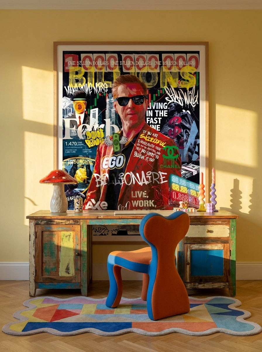 Modern wall art print styled on the wall in a colourful eclectic home office