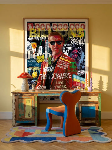 Modern wall art print styled on the wall in a colourful eclectic home office