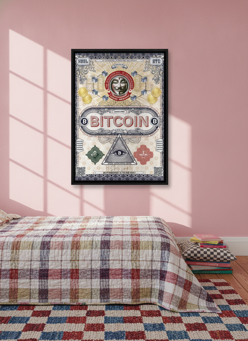 Canvas wall art with a black surround styled on the wall in a colourful eclectic bedroom