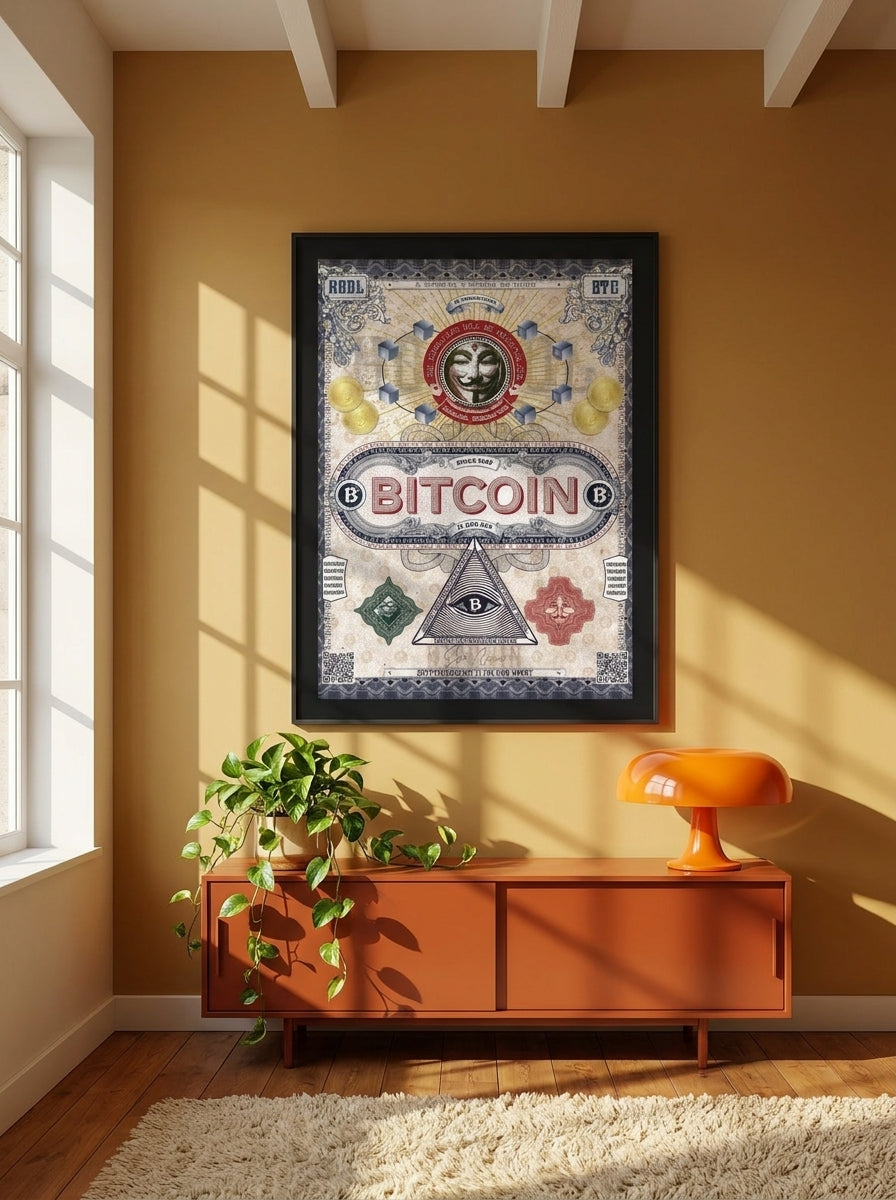 Oversized statement modern wall art print styled on the wall in a retro 70s living room